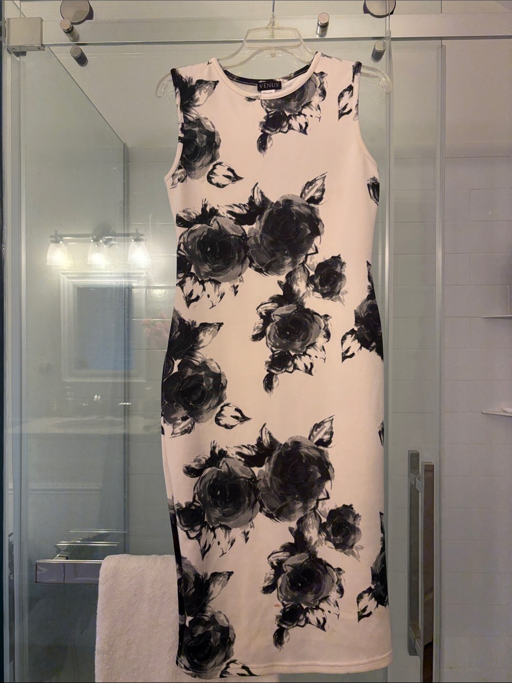 VENUS White Midi Dress with Black Floral Print